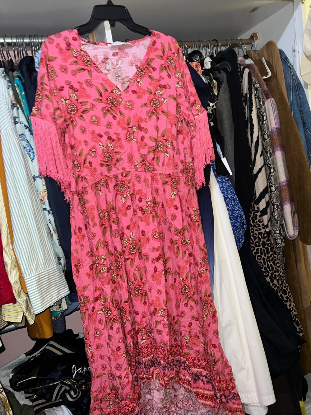 SHEIN Hot Pink Floral Fringe V-Neck Maxi Dress